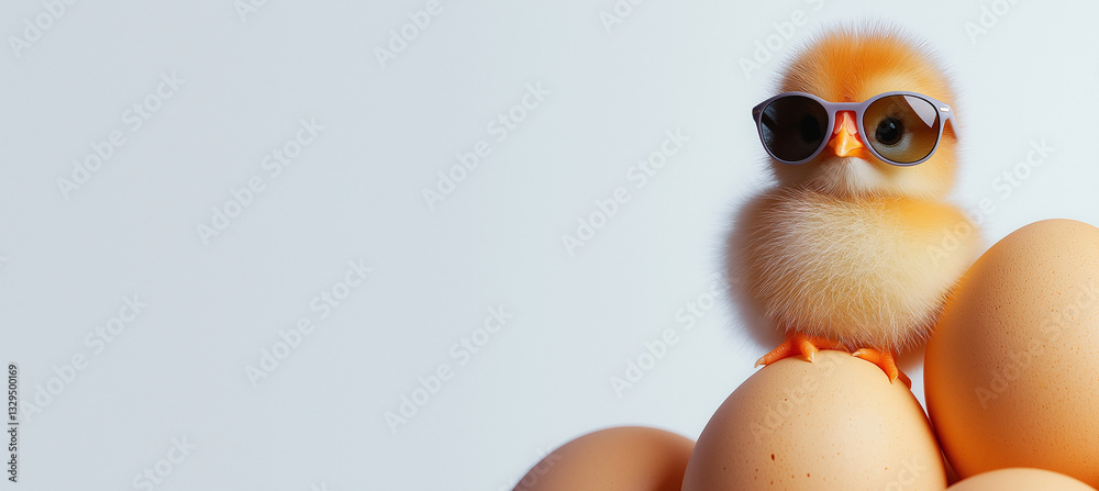 Obraz premium cute little chick wearing sunglasses stands confidently on eggs, showcasing playful and fun vibe. This adorable scene captures essence of spring and new beginnings