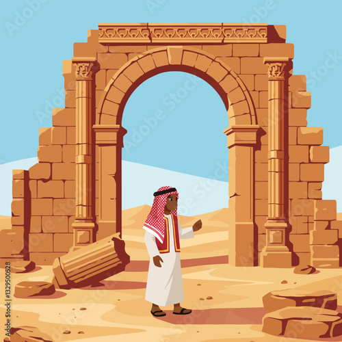 Man Standing by Stone Archway in Desert Landscape Illustration