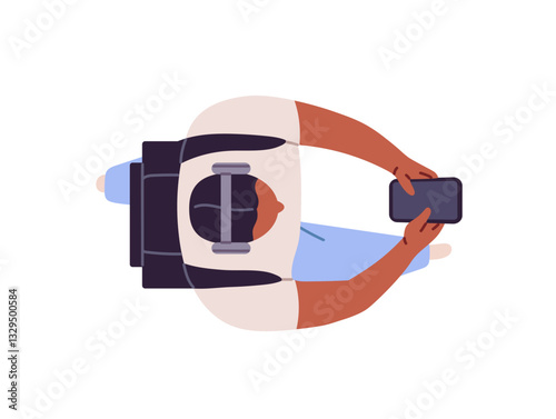 Black person with backpack using smartphone on the go top view. Seen overhead man walks with phone in hands, listen to music with headphones. Flat isolated vector illustration on white background
