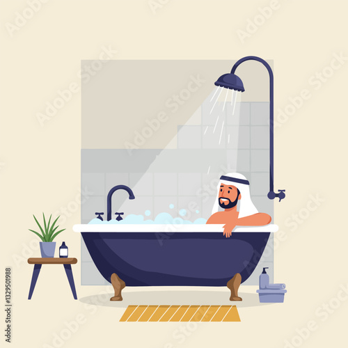 Man Relaxing in Bathtub Enjoying a Bubble Bath and Shower