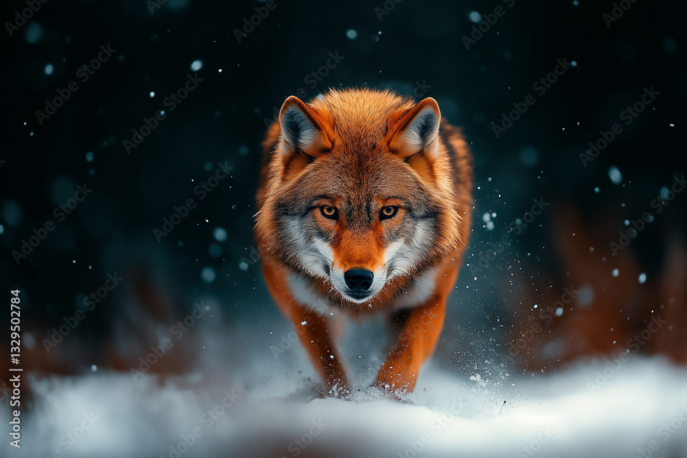 Obraz premium majestic wolf prowls through snowy forest, showcasing its striking orange fur and intense gaze. scene captures essence of winter wildlife and beauty of nature