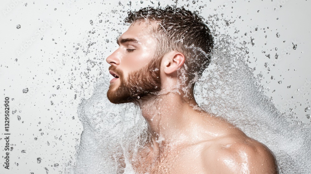 Rugged man demonstrates commitment to skincare routine by washing his face with foaming cleanser in a refreshing water splash setting Rugged man demonstrates commitment to skincare routine by washing his face with foaming cleanser in a refreshing water splash setting