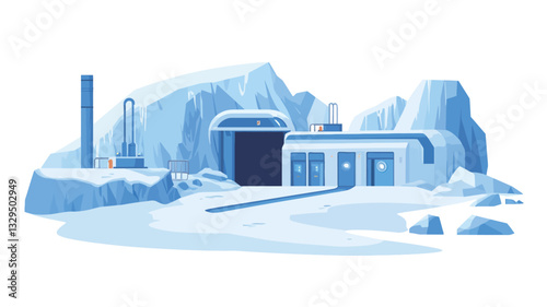 A digital illustration depicting a minimalist, light blue-toned arctic research station nestled amongst snow-covered rocky mountains. The station is a low, rectangular building with several doors