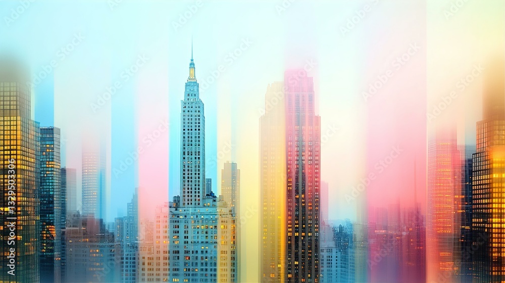 Fototapeta premium Beautiful abstract city background with skyscrapers and humans silhouettes, minimalism postmodernism