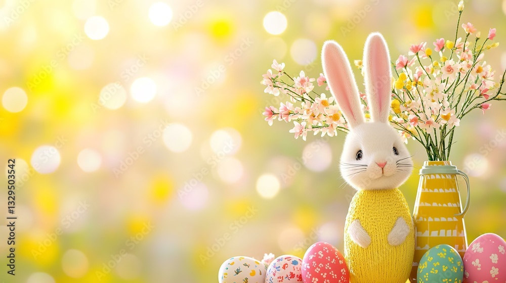Fototapeta premium Cute Easter bunny, Easter eggs and spring flowers background with copy space 