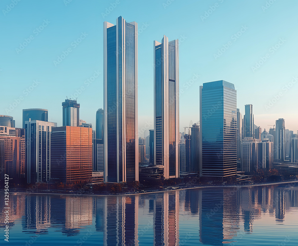 Fototapeta premium Financial and business area of modern capital with skyscrapers and corporate buildings at sunset 