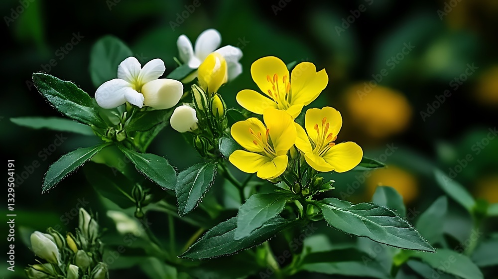 Fototapeta premium Vibrant Yellow and White Flowers in Lush Green Foliage AI Generated