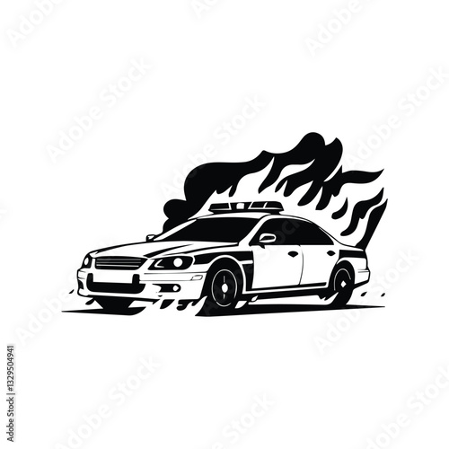 A burning police car with smoke rising from its engine. Flames cover the vehicle, creating a sense of chaos and destruction. The police car is illustrated in monochrome style. Vector illustration