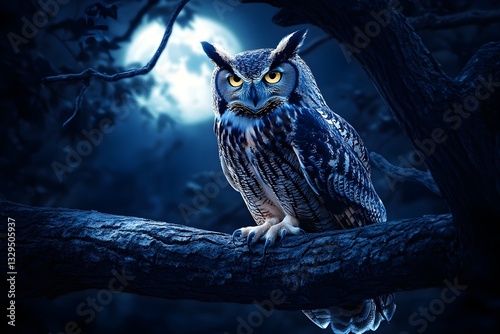 A photo of a lone owl in a moonlit night