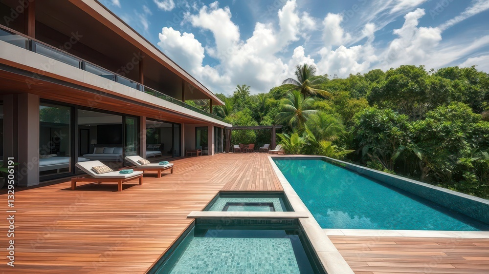 Fototapeta premium Beach House with a Large Deck, Infinity Pool, and Lush Green Surroundings