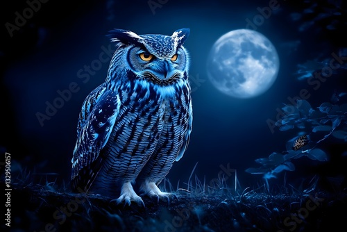 A photo of a lone owl in a moonlit night