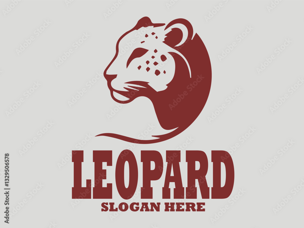 Dark red leopard head vector illustration with distinctive spots and pointed ears on a light grey background. leopard head vector illustration view with elongated  background. Animal design 