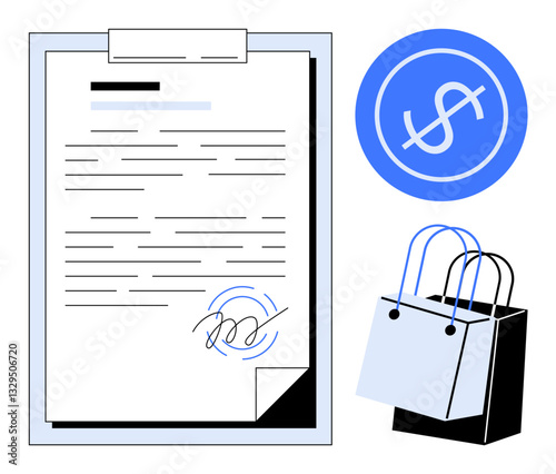 Document being signed, shopping bags, and blue dollar sign. Ideal for themes thumbs up business agreements, contracts, commerce, retail, finance legal dealings and shopping. Abstract line flat
