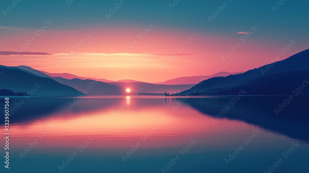 Serene Sunset Landscape: Pink Hues Over Calm Mountain Lake Serene Sunset Landscape: Pink Hues Over Calm Mountain Lake