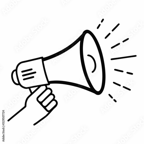 A hand, with a simple line drawing style, is holding and operating a megaphone