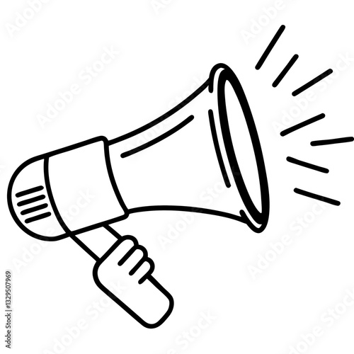 A hand, with a simple line drawing style, is holding and operating a megaphone