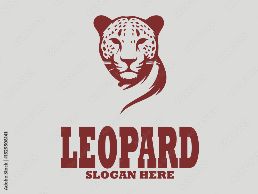 Dark red leopard head vector illustration with distinctive spots and pointed ears on a light grey background. leopard head vector illustration view with elongated  background. Animal design 