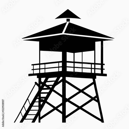 A black and white illustration featuring a lifeguard tower vector silhouette