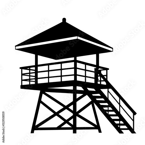 A black and white illustration featuring a lifeguard tower vector silhouette