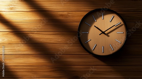 Wallpaper Mural Minimalist wall clock on wooden textured background, warm tones, rustic elegance, ultra-clean lines, shadow play, vintage modern style, soft daylight Torontodigital.ca
