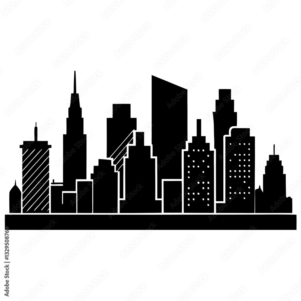 Fototapeta premium A flat, black and white cityscape illustration with a collection of various skyscrapers and other architectural elements