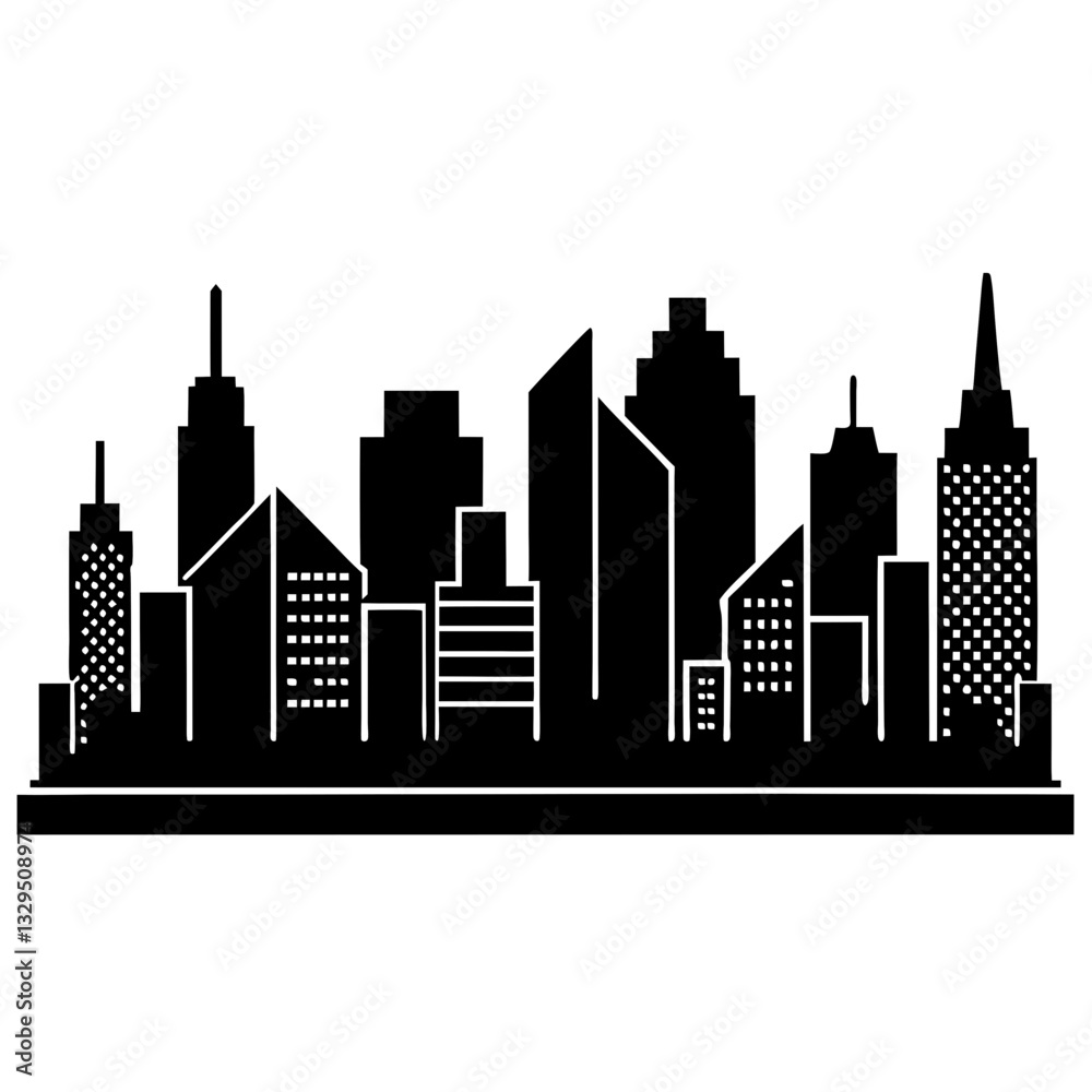 Fototapeta premium A flat, black and white cityscape illustration with a collection of various skyscrapers and other architectural elements