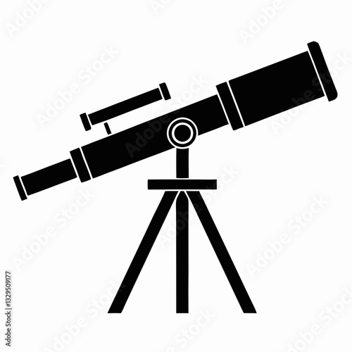 A flat, black and white illustration featuring a telescope on a tripod stand