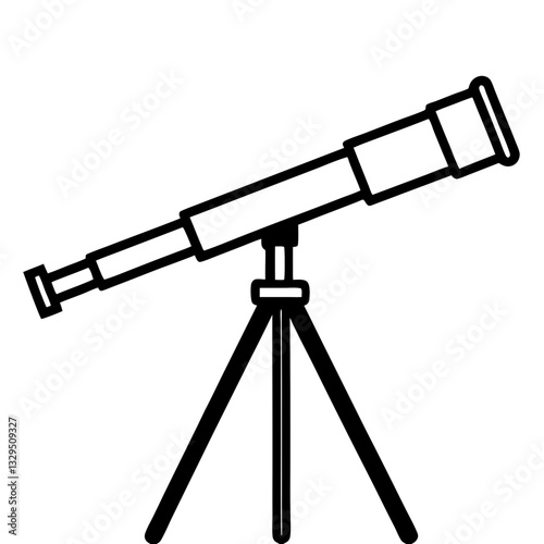 A flat, black and white illustration featuring a telescope on a tripod stand