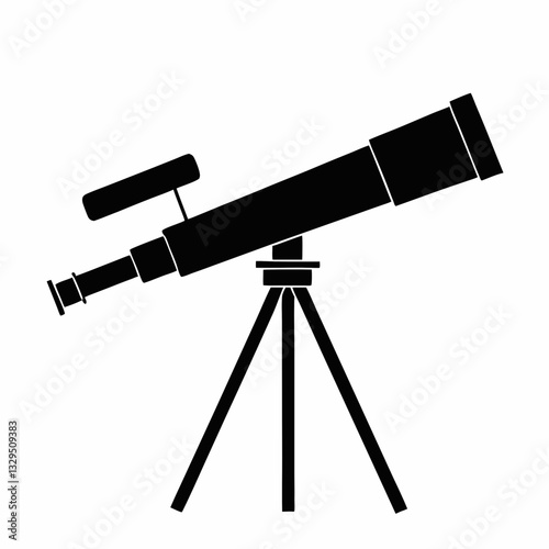 A flat, black and white illustration featuring a telescope on a tripod stand