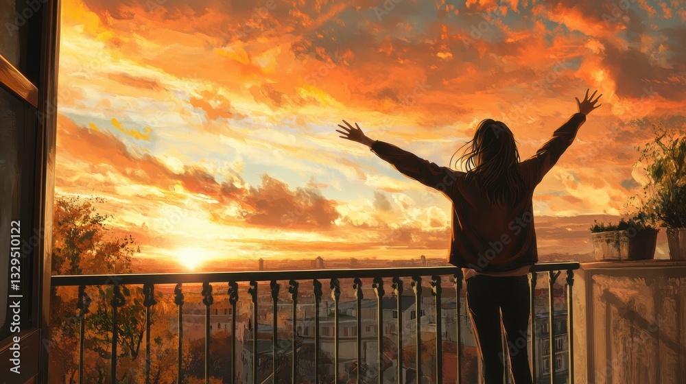 Fototapeta premium Silhouette of Person on Balcony at Sunset Over City