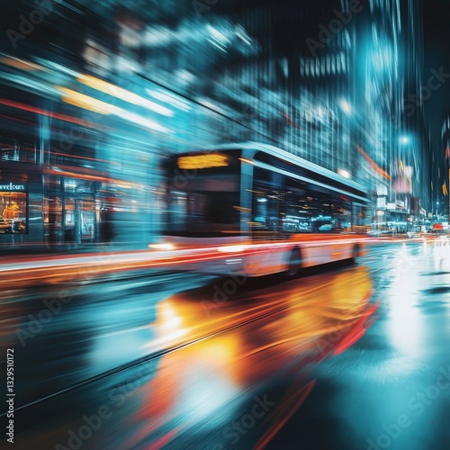 Fast City Bus in Rain at Night, Motion Blur, Vibrant Lights