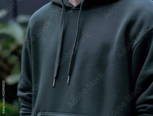 A person is wearing a black hoodie with a black strings