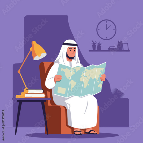 Man Studying World Map While Seated in Chair at Home