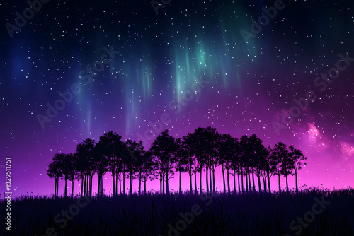 An eye-catching photo showing the Northern Lights (Aurora Borealis) dancing in the starry night purple background