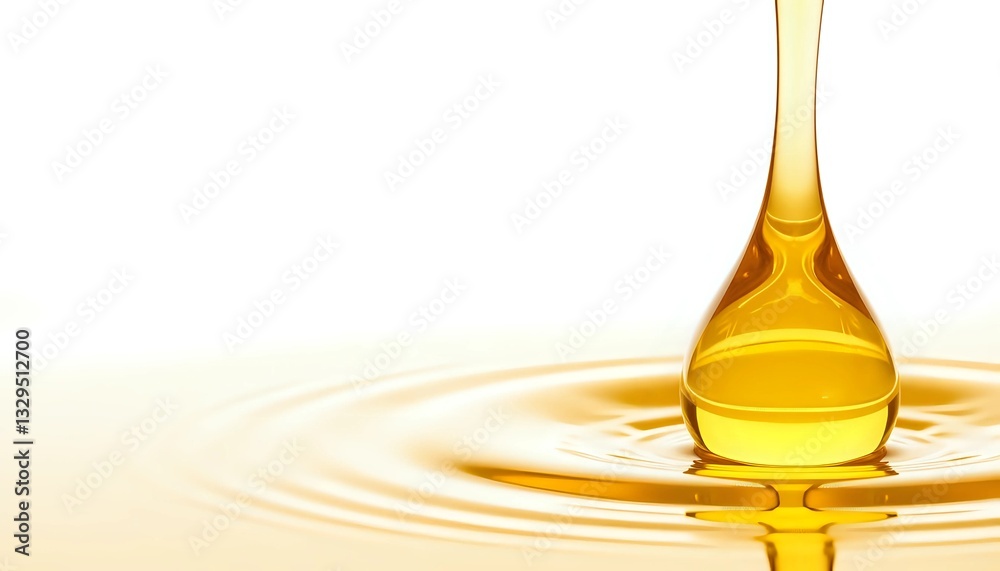 Golden oil drop splashing into liquid creating ripples on white background Golden oil drop splashing into liquid creating ripples on white background