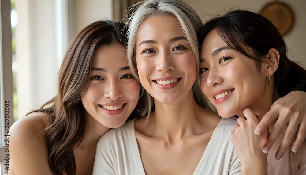 Three happy asian women smiling and embracing indoors Three happy asian women smiling and embracing indoors