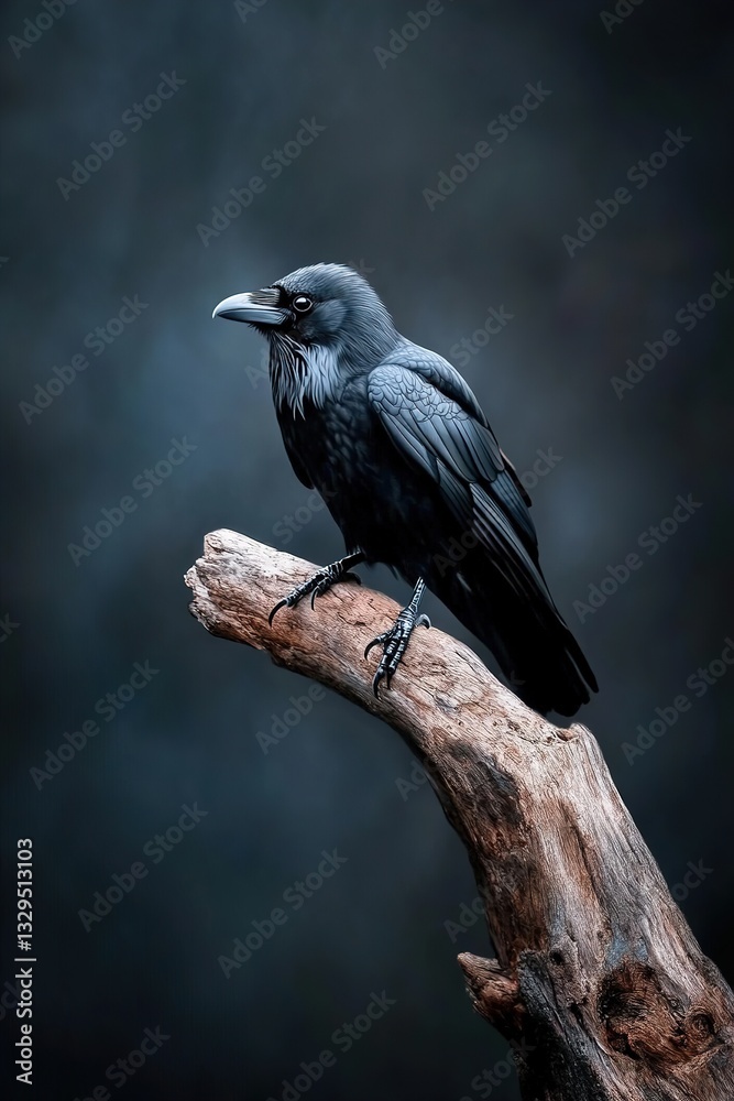 Moody acrylic painting of a raven. Bold, expressive strokes define its feathers. The raven perches on a weathered branch against a deep, dark midnight blue and black background Moody acrylic painting of a raven. Bold, expressive strokes define its feathers. The raven perches on a weathered branch against a deep, dark midnight blue and black background