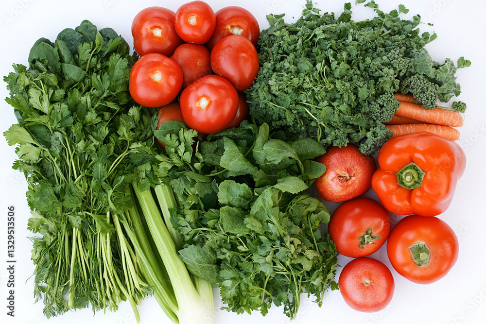 Top view of various fresh vegetables and herbs isolated on white Top view of various fresh vegetables and herbs isolated on white