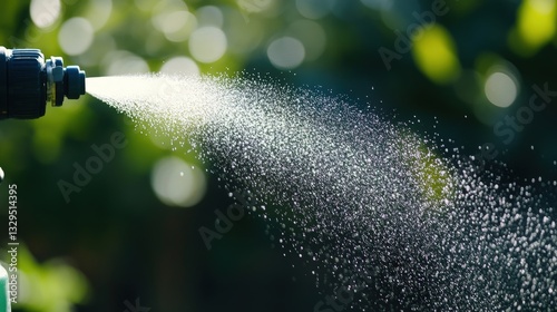 A close-up view of an insecticide sprayer nozzle dispersing fine droplets, creating a protective barrier against pests