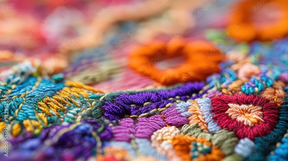 Obraz premium Colorful floral embroidered fabric showing intricate details and textures closely