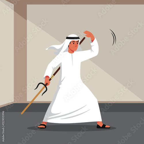 Man Practicing with Staff Inside a Building in Traditional Attire