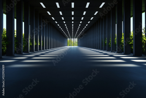 modern, abstract concrete interior featuring long corridor with vertical columns and natural light streaming through. shadows create striking visual effect, enhancing serene atmosphere photo