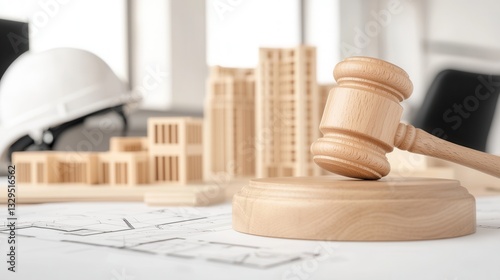 A close up view of a wooden judge s gavel resting on a desk alongside architectural blueprints scale models and other planning tools showcasing the intersection of construction law