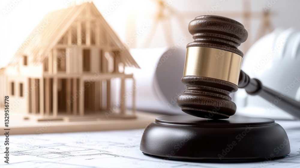 A close up view of a wooden judge s gavel placed alongside a miniature model of a residential home suggesting a connection between the legal system and real estate A close up view of a wooden judge s gavel placed alongside a miniature model of a residential home suggesting a connection between the legal system and real estate