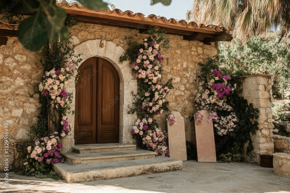 Fototapeta premium A stone building with flowers framing a large wooden door