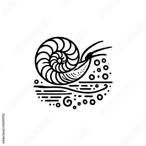 elegant line art illustration of a nautilus shell, designed with precise strokes and subtle ocean wave details. This nautical-inspired artwork emphasizes the beauty of marine life in a refined 