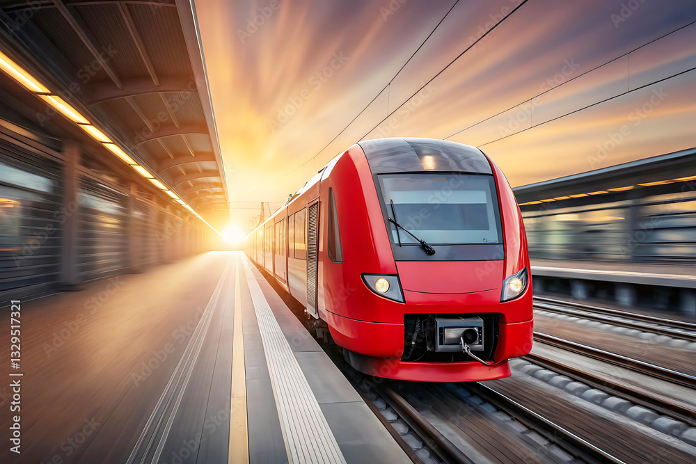 Naklejka premium Red high-speed train moving on tracks at sunset, symbolizing modern transportation and rapid travel