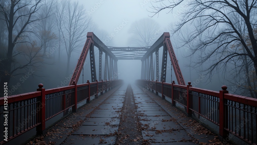 Obraz premium A fog-covered bridge creates an ethereal atmosphere, inviting exploration through nature's mystery and tranquility.