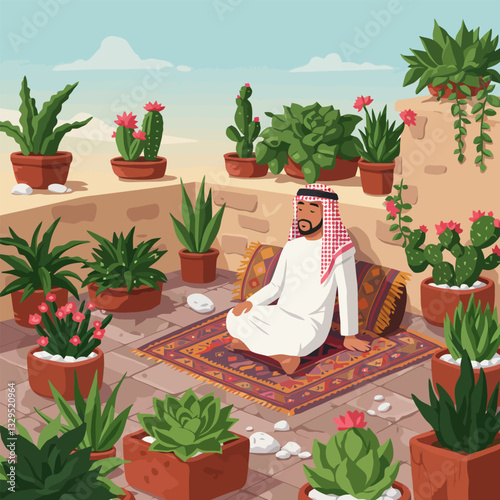 Man Meditating Among Potted Plants in Outdoor Courtyard Environment