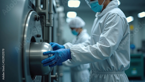 Worker in Protective Suit and Gloves Operating Machinery in Agro Chemical Plant Industry or Factory photo